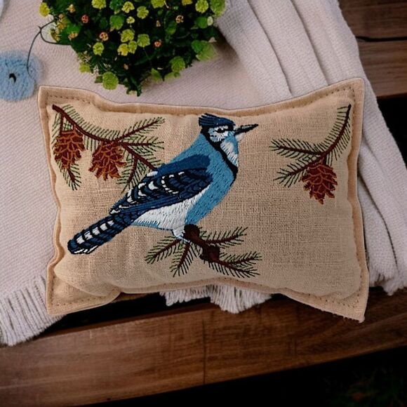 Embroidered Blue Jay MINI Pillow Sachet Farmhouse Cottage Bird Country Cabin - Picture 13 of 15